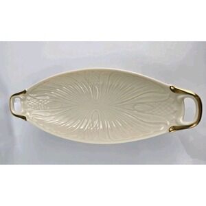 Vtg Lenox Ivory China Oval Serving Dish Handles 24K Gold Trim Hand Decorated